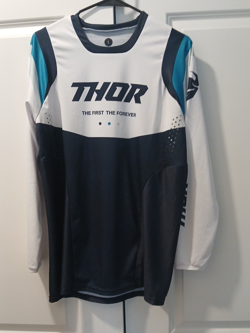 thor Long Sleeve Motocross Jersey in White, Navy & Teal